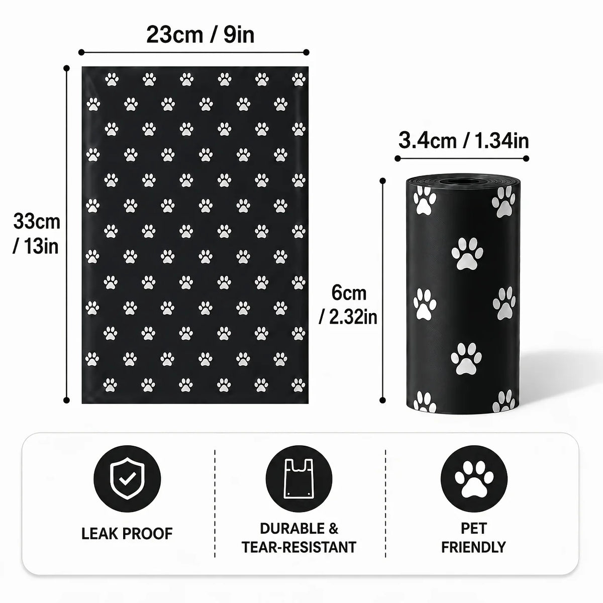 Rolls of black dog waste bags measuring 3.4cm in diameter and 33cm long, designed to be leak proof and pet friendly.