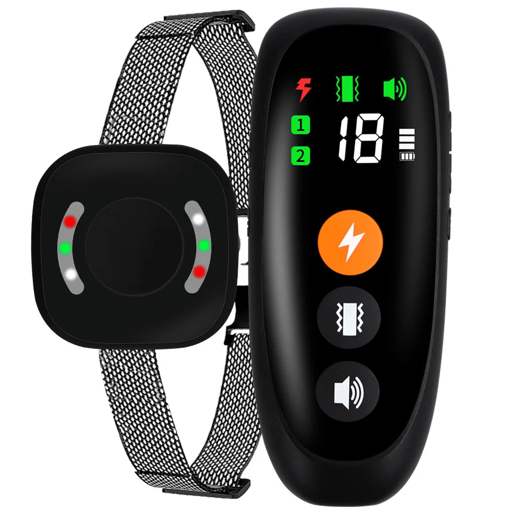 A black rechargeable anti-bark dog training collar with a remote control and a separate sensor unit.