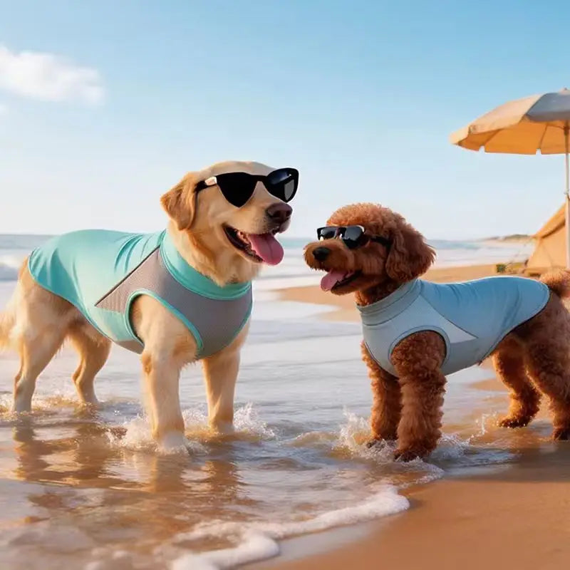 Two golden retriever and poodle dogs wearing light blue cooling vests playing in the ocean water.