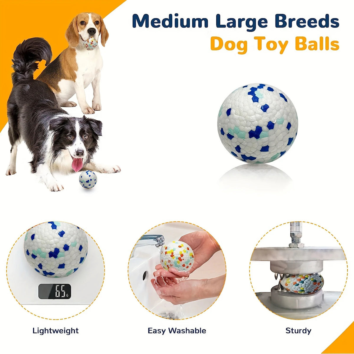 Medium large dog toy balls including a speckled blue and white ball, demonstrating lightweight, washable, and sturdy features