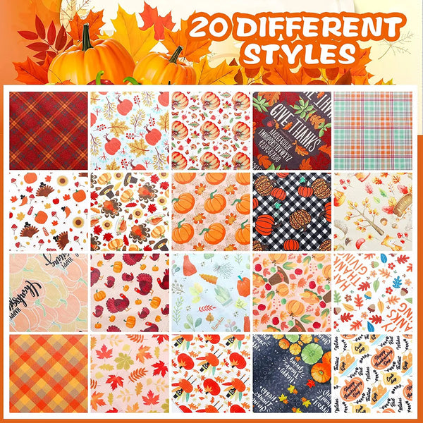 A collection of 20 different fall-themed fabric patterns and designs for dog bandanas and scarves.