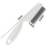 A white stainless steel pet grooming comb with a 5.2cm comb and a 14cm handle.