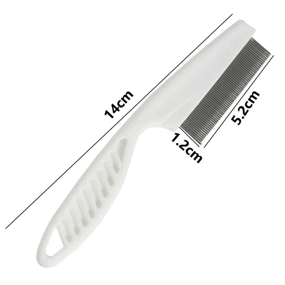 A white stainless steel pet grooming comb with a 5.2cm comb and a 14cm handle.