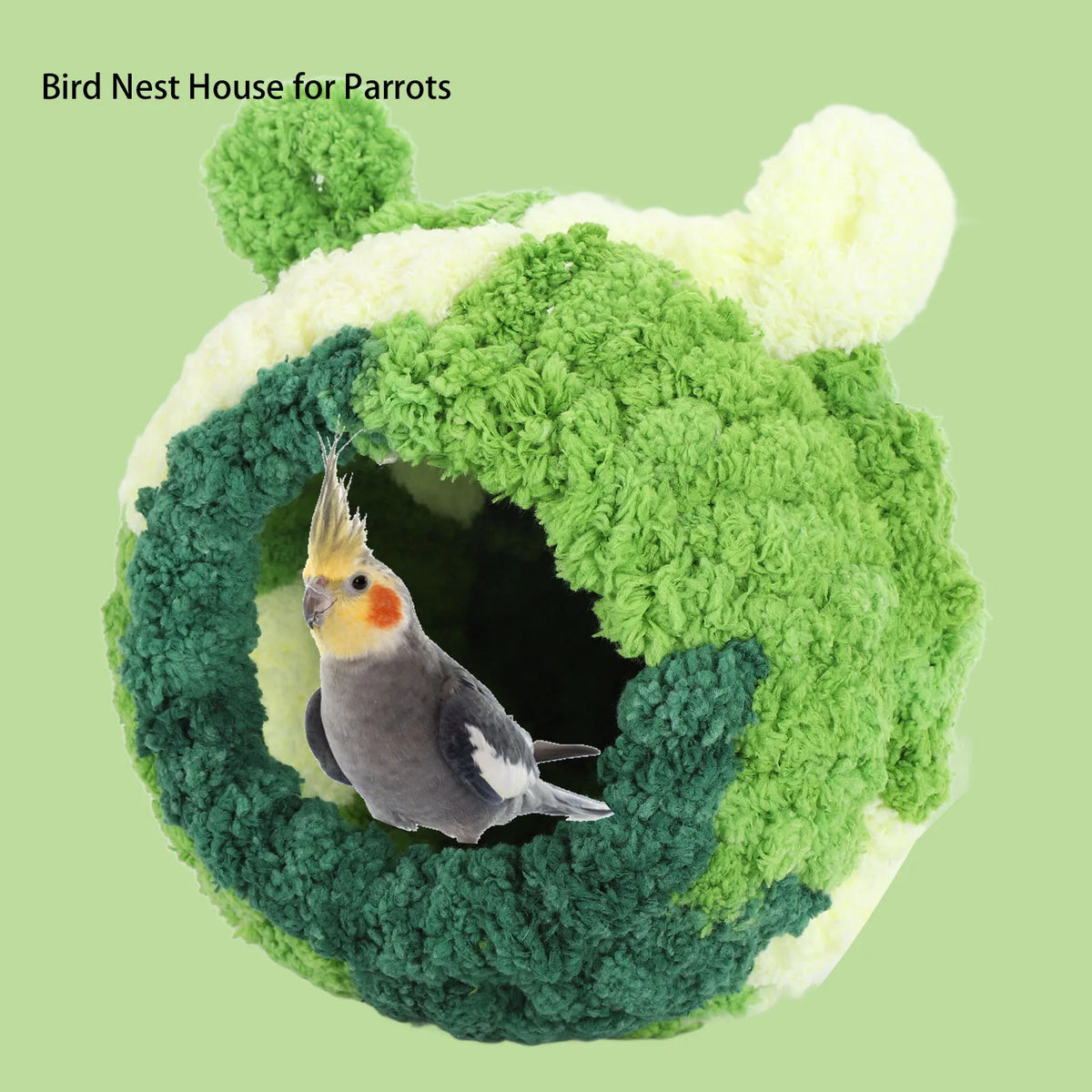 A small, gray parrot is perched inside a green velvet bird nest house.