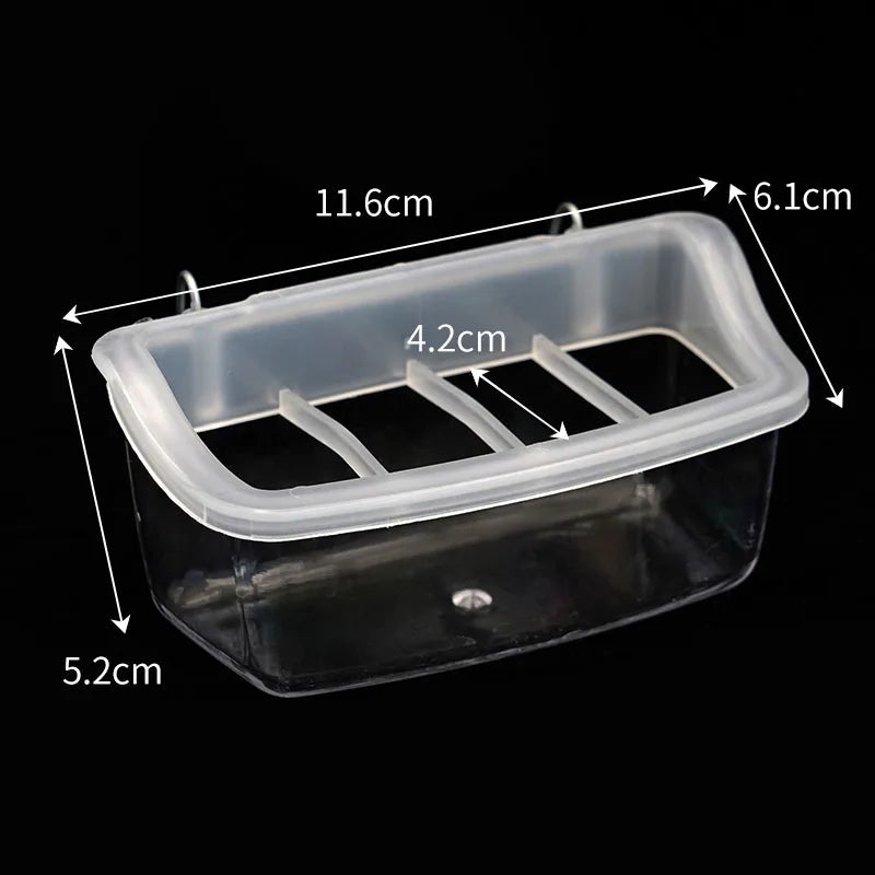 Clear plastic hanging bird feeder and waterer with a splash guard, shown with dimension lines.