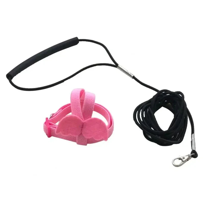 Pink parrot flying harness with a black strap and cord