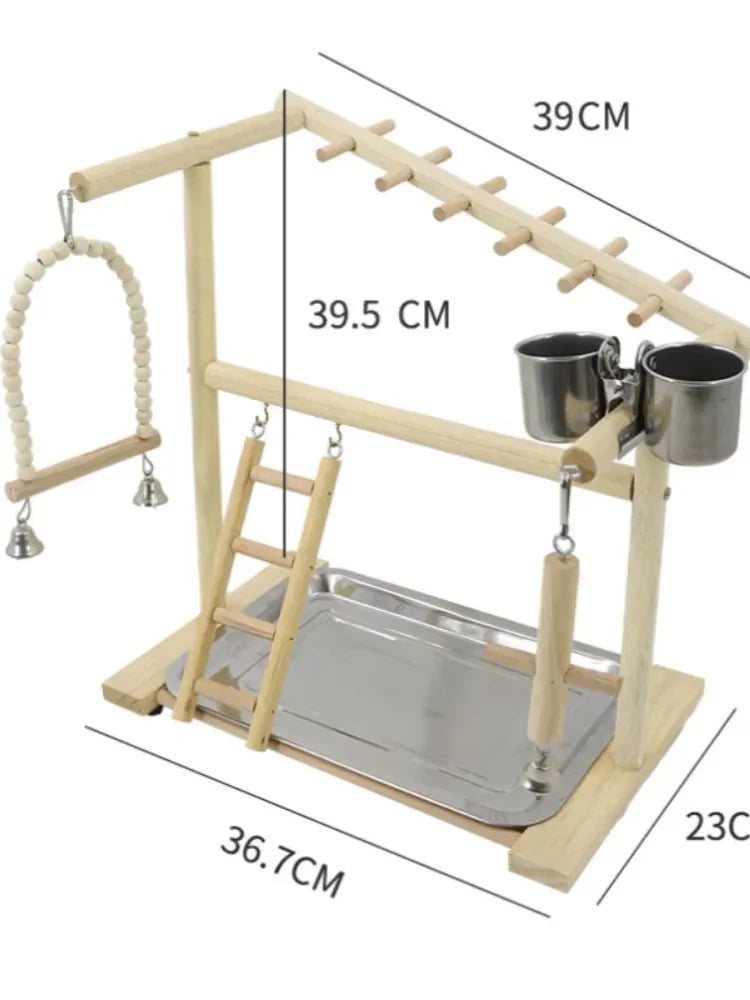 A wooden parrot climbing platform featuring a bridge and feeding cups for birds.