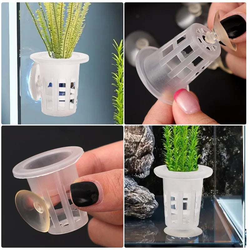 Clear plastic aquarium planting cups shown in various uses, including holding plants and small items.