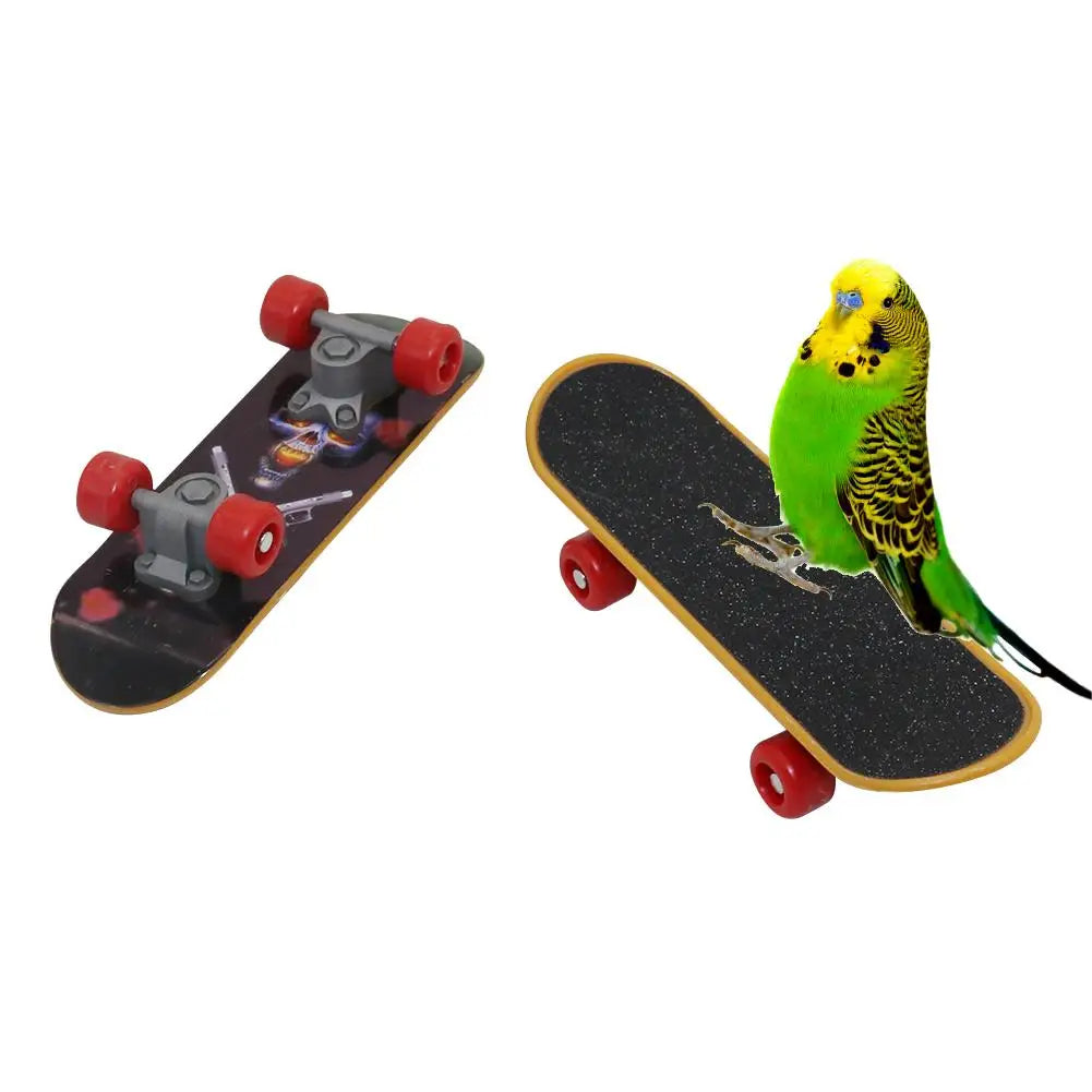 A small skateboard toy featuring a parrot bird figure on the deck and red wheels.