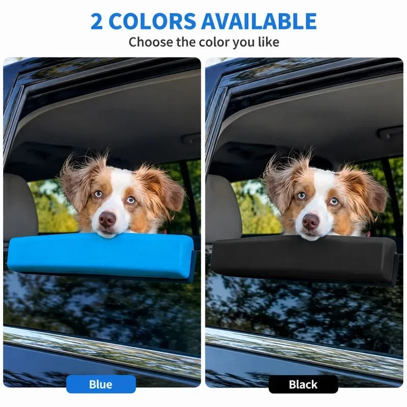 Two dog car window chin rest cushions are shown in blue and black colors.