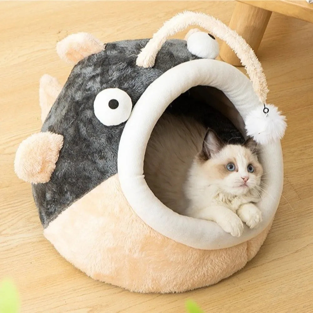 Cozy Cave Cat Bed with Lantern Fish Design
