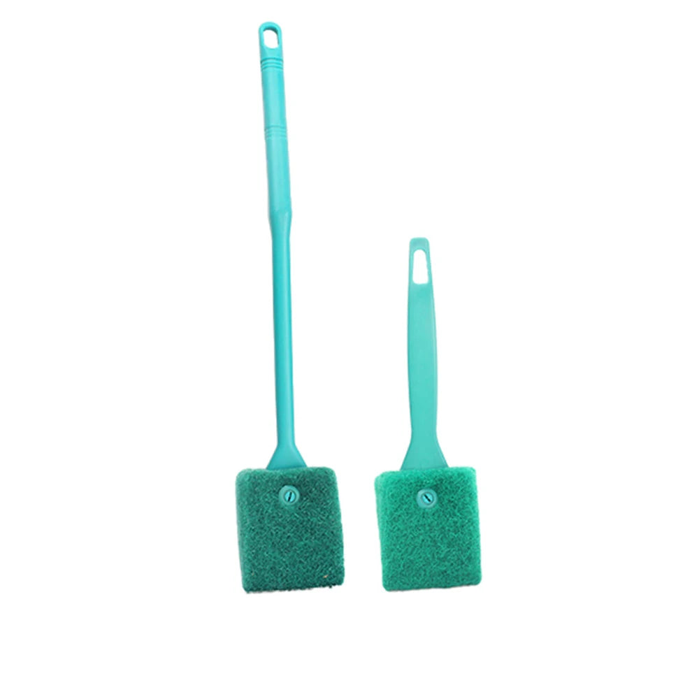 A pair of teal dual-sided aquarium cleaning brushes with long handles and green cleaning pads.