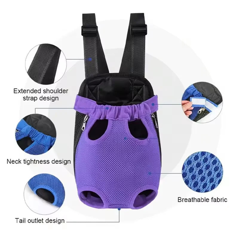 Purple breathable mesh pet carrier backpack with extended shoulder straps and tail outlet design