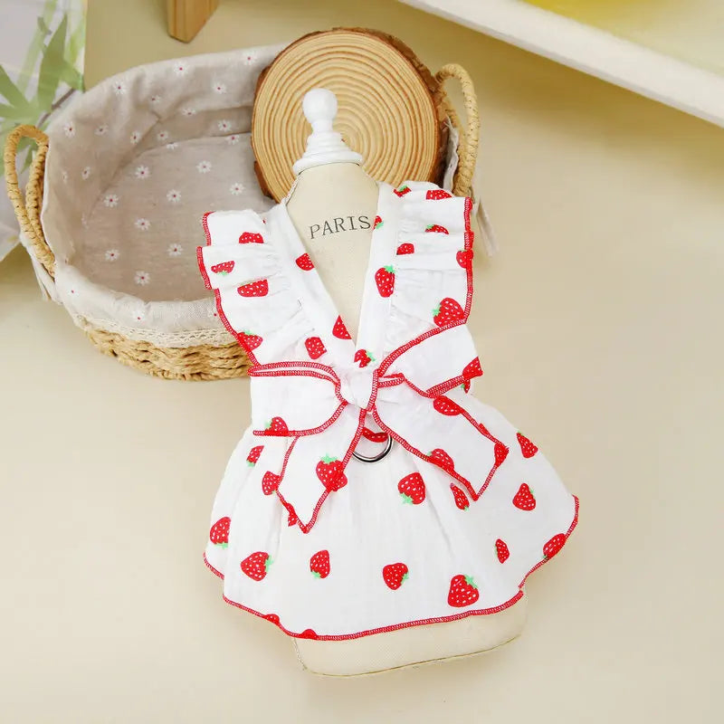 Strawberry Print Dog Dress with Bow for Small Breeds