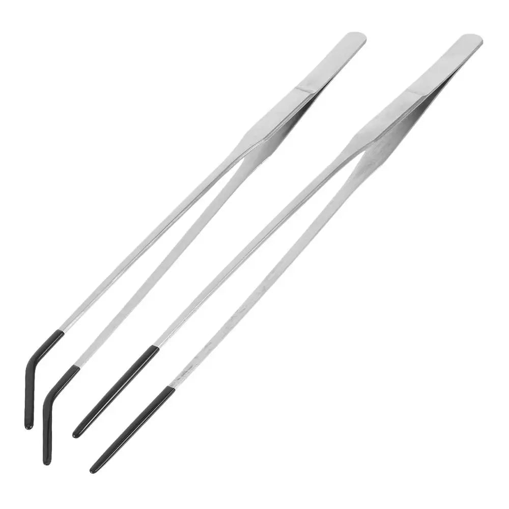 A pair of stainless steel aquarium feeding tweezers shown diagonally.