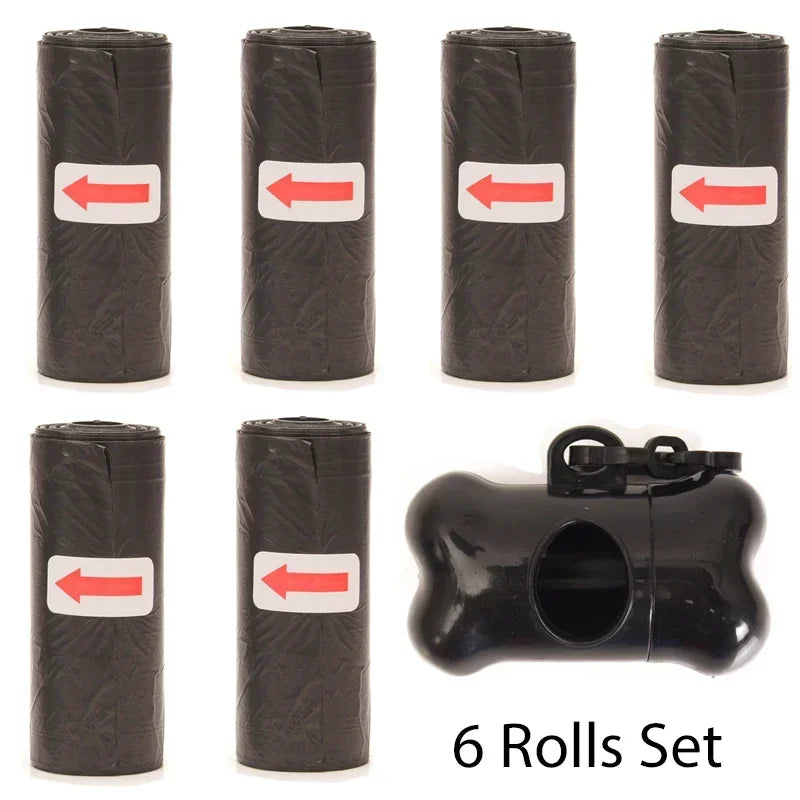 A set of six black reusable pet poop bag dispensers with integrated leash clips.