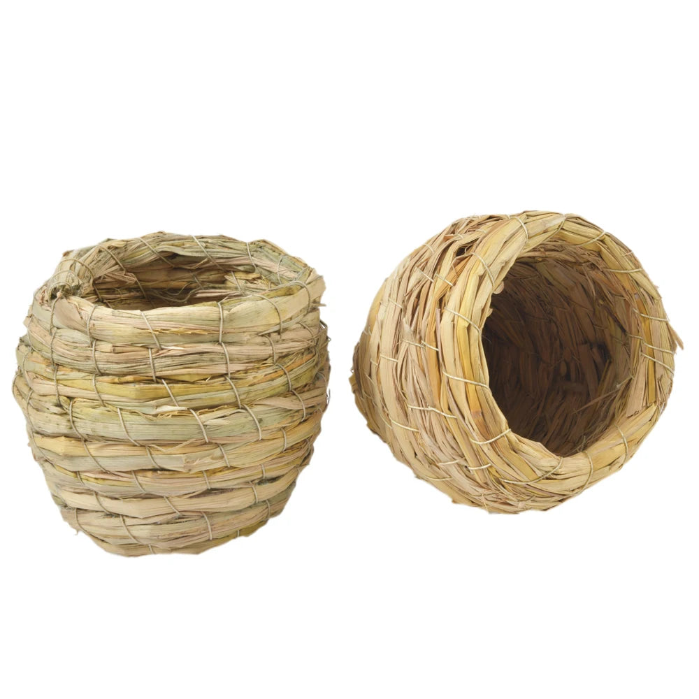 Handmade natural straw bird nest woven from dried plant material.