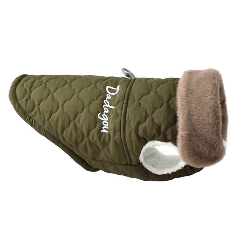 Veste en duvet vert olive à motifs à chien avec un col en fourrure marron