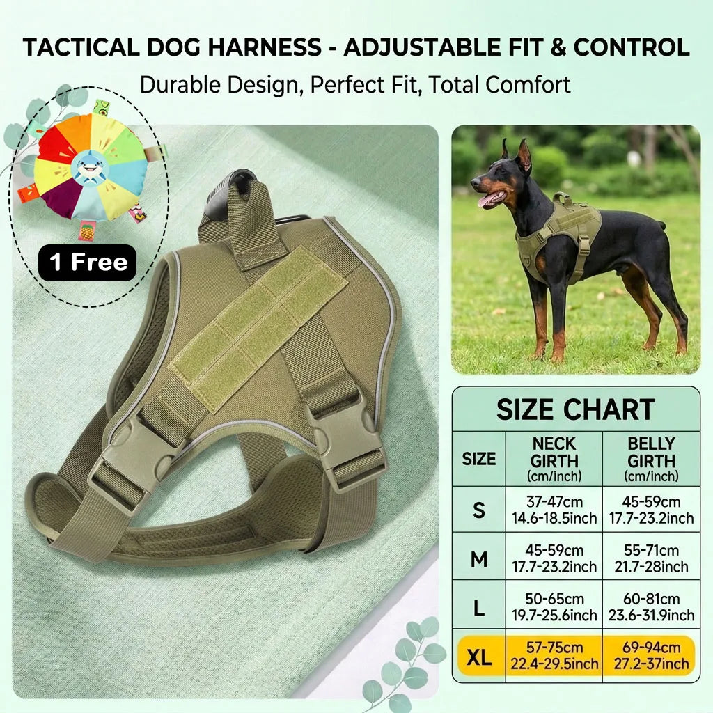 A beige tactical dog harness for a dog, shown with size chart details and a full-body view.