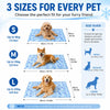 Guide showing three sizes S M L for a water-activated self-cooling pet mat with corresponding weight limits.