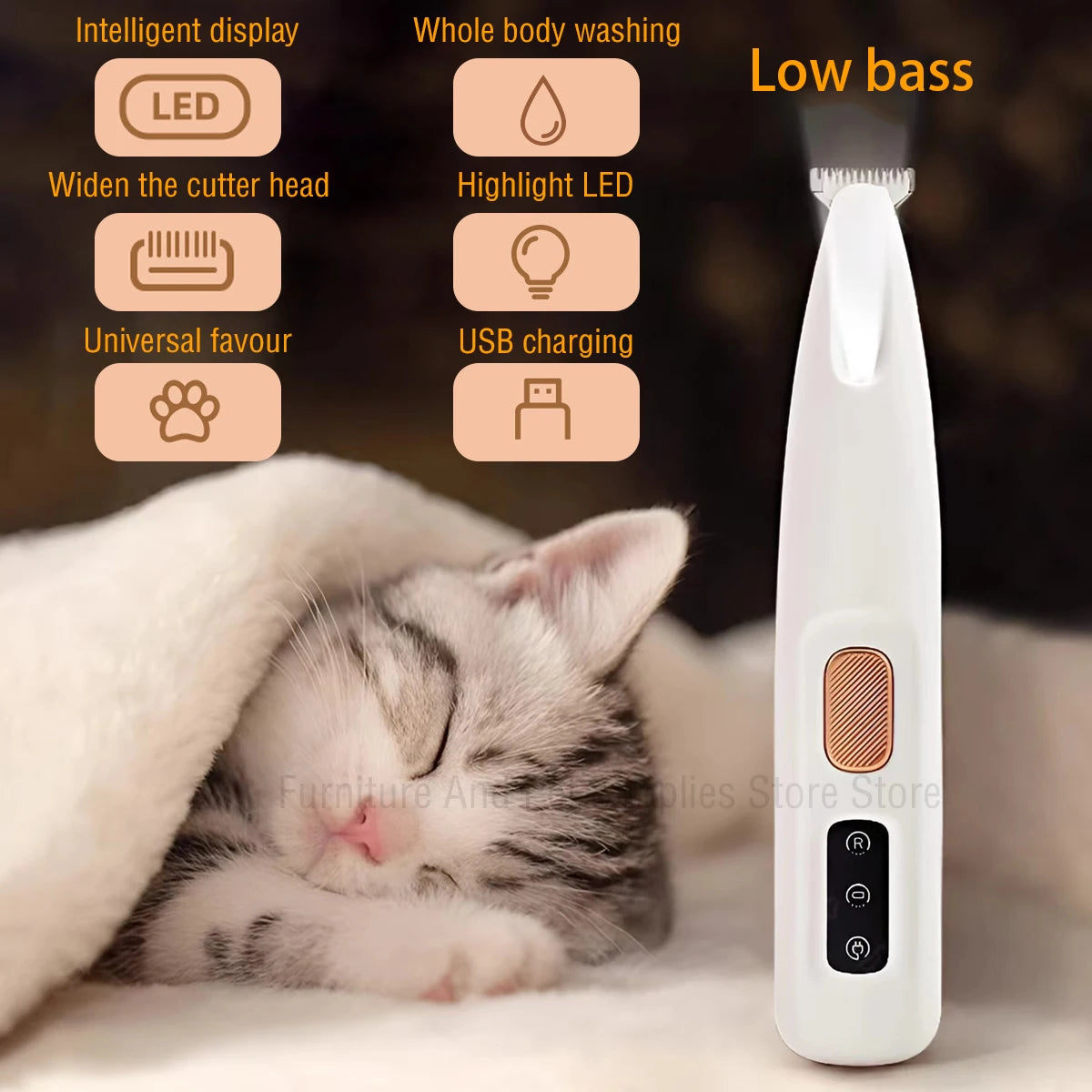 A white cat is sleeping on a surface next to a white grooming trimmer with LED light features.