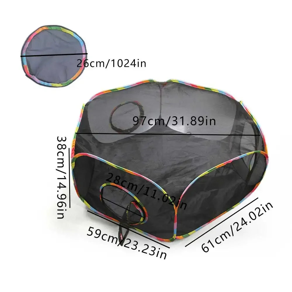 Black mesh cat tunnel playhouse with various shapes and sizes for indoor and outdoor activity