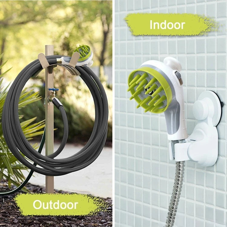 A white pressurized pet bath nozzle is shown in indoor and outdoor contexts, demonstrating its use for dogs and cats.