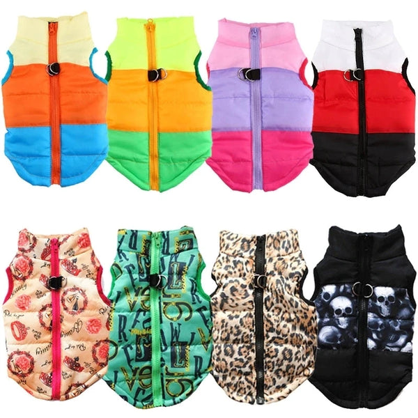 A collection of colorful, quilted dog coats for small to large breeds featuring various printed patterns.