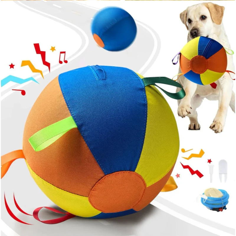 A bright yellow inflatable herding ball with blue, orange, and green sections is shown next to a dog.