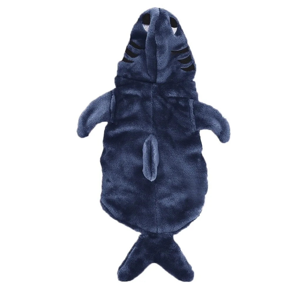 Dunkelblaue Fleece-Cosplay-Verkleidung eines Haifischs mit Flosse und Rückenflosse.