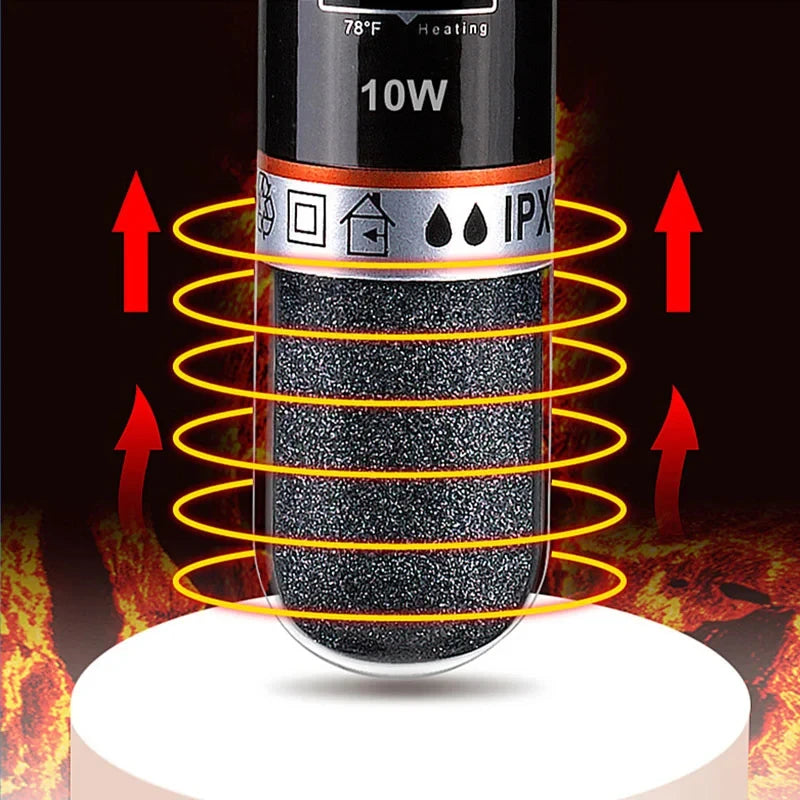 A black USB mini aquarium heater with a heating element and IPX protection is shown being tested.
