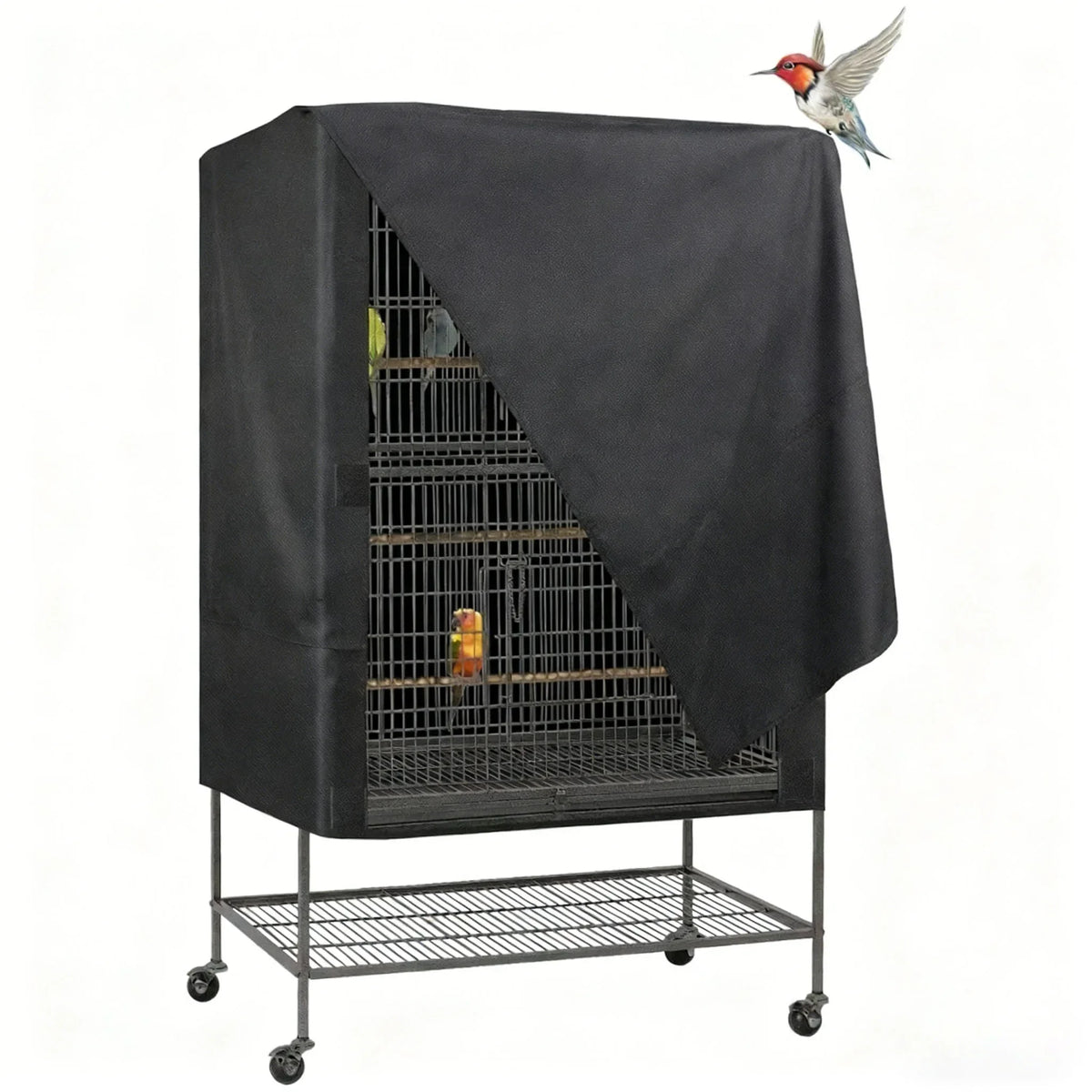 A black Oxford cloth bird cage cover is shown over a wire cage resting on a metal stand.