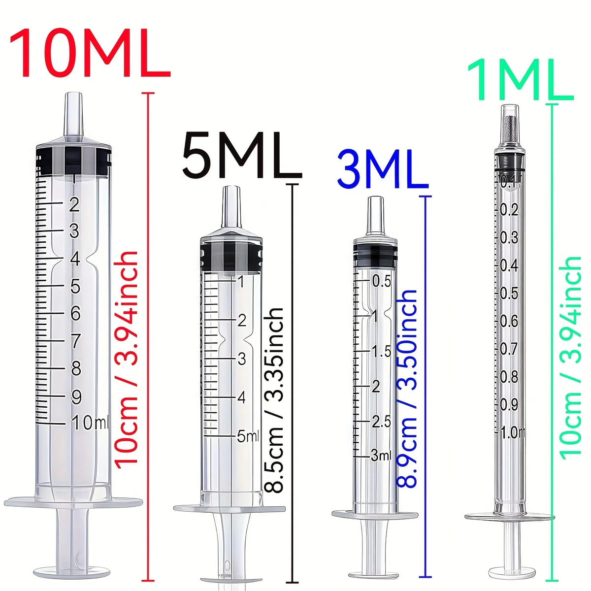 A set of precision liquid dispensing syringes in various volumes including 10ML, 5ML, 3ML, and 1ML, shown with scale markings