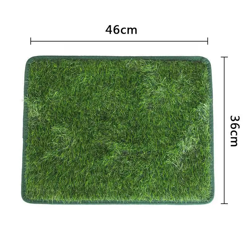 A rectangular green artificial dog grass mat measuring 46cm by 36cm.