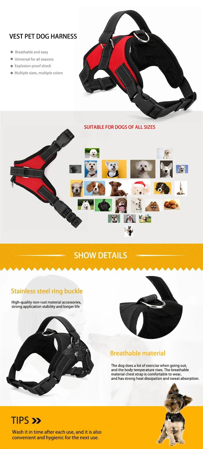 A black and red breathable nylon dog harness shown with various dog breeds.