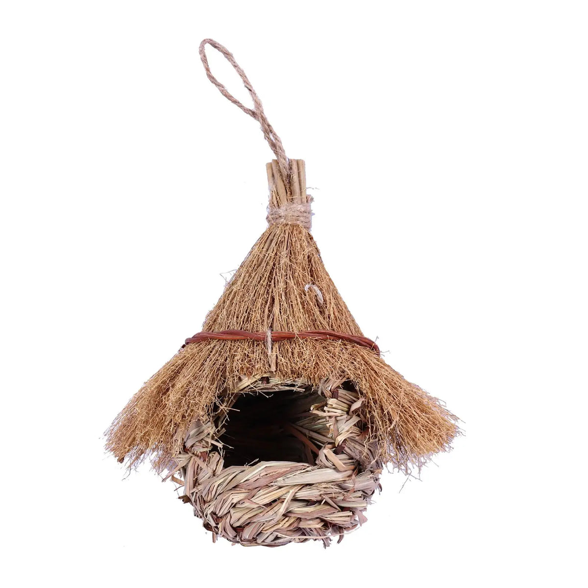 Hand-woven grass bird house with a conical roof and natural fibers