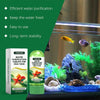 Yegbong water purification tablets for fish tank shown next to a glass aquarium setup with aquatic plants and rocks.