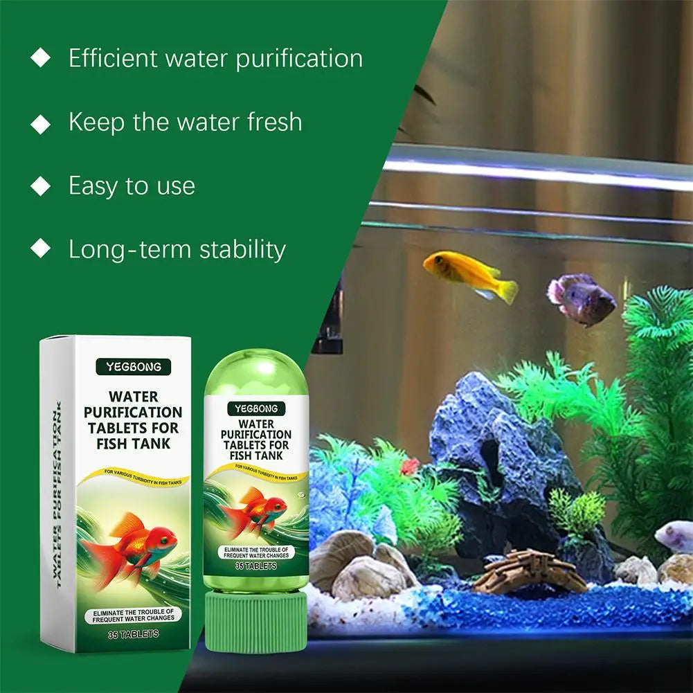 Yegbong water purification tablets for fish tank shown next to a glass aquarium setup with aquatic plants and rocks.