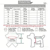Diagram showing clothing sizes for pet dogs, including chest girth and suggested weights.