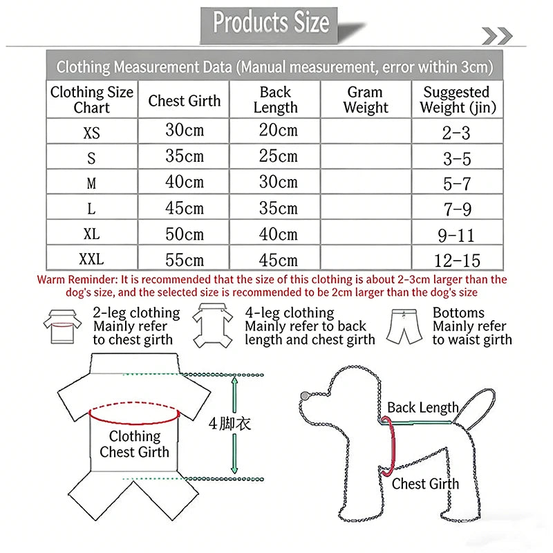 Diagram showing clothing sizes for pet dogs, including chest girth and suggested weights.