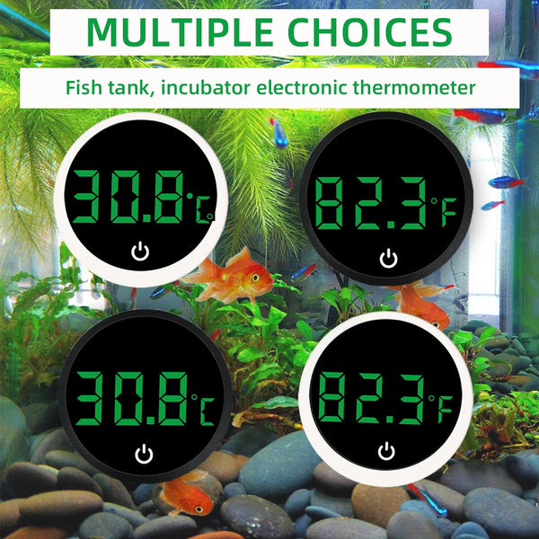 A digital fish tank incubator thermometer displaying 30.8°C and 82.3°F in a natural aquatic environment.