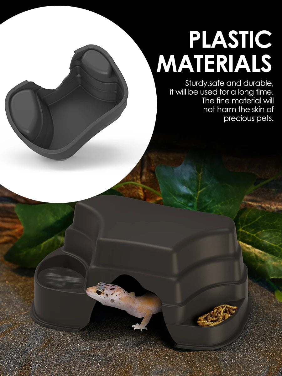 Reptile Hide Cave Decor with 2 Food Bowls