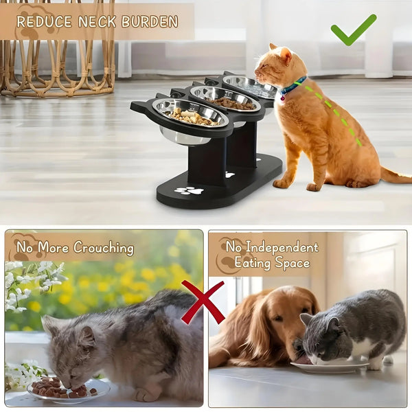 Un cuenco para alimentar gatos de acero inoxidable elevado junto a un gato, demostrando una solución para reducir la carga de
