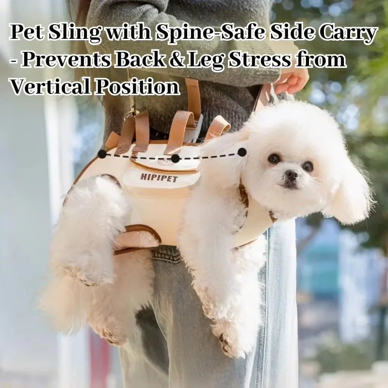 A fluffy white dog is being carried in a sling-style carrier bag designed to prevent back and leg stress.