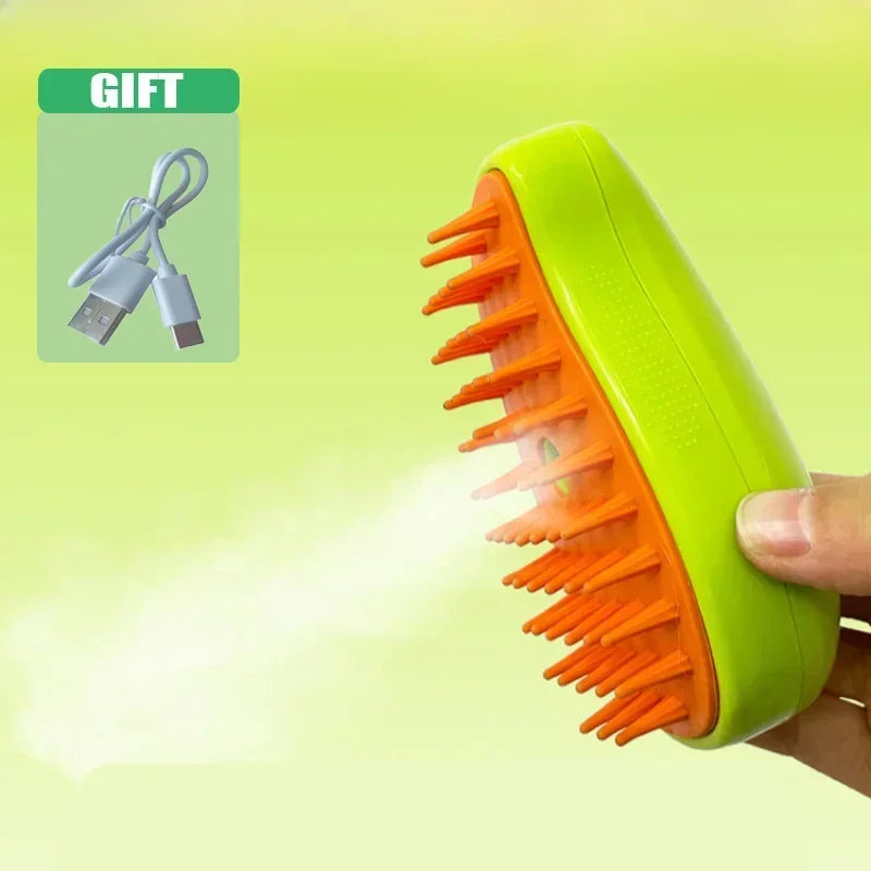 A bright lime green electric steam brush with orange bristles is shown being used on a hand.