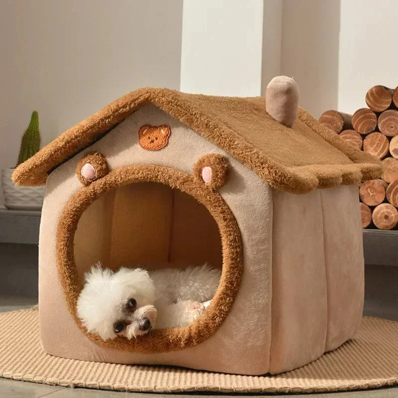 A soft beige pet kennel with a wooden roof and an entrance for a small white dog.