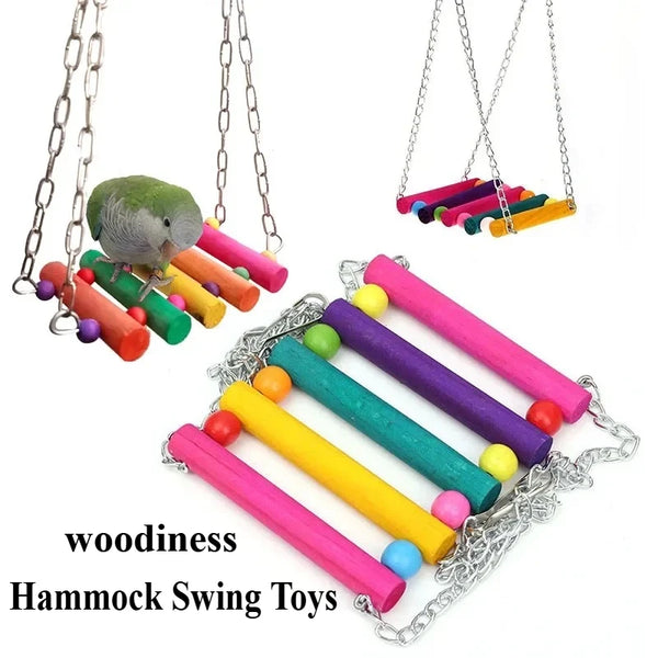 Colorful hanging bird swing toys featuring wooden perches and chains.