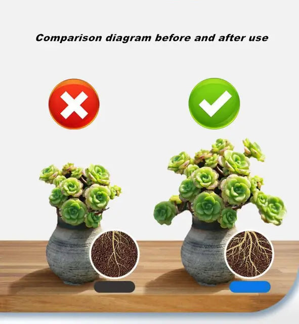 Comparison diagram showing before and after use of controlled release fertilizer on potted plants.