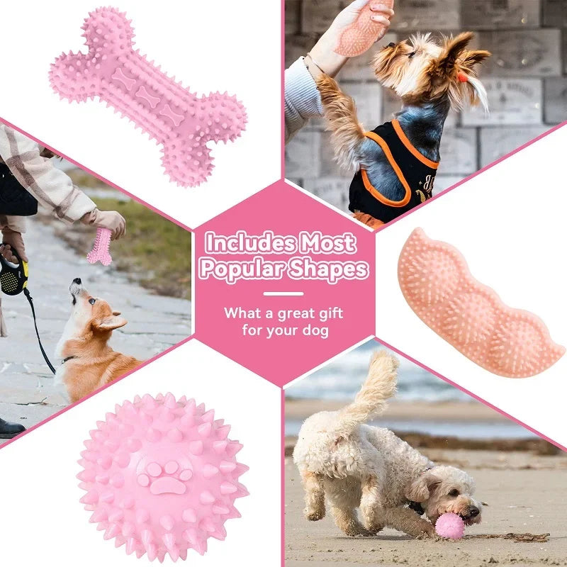 A pink dog chew toy set featuring various shapes including a bone, a hedgehog, and a spiky ball.