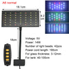 A full spectrum LED grow light fixture with a rectangular panel, power cord, and remote control for aquarium use.